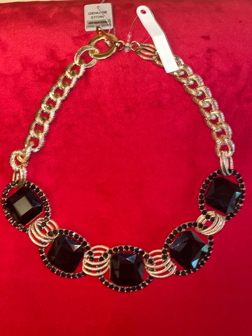 Gold-Tone Necklace with Black Gemstone Accents - Genuine Stone 14k plated